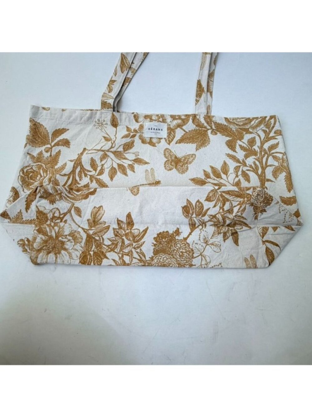 Sézane Organic Cotton Canvas Tote Bag Floral Butterfly Dragonfly Green Yellow - Picture 2 of 8